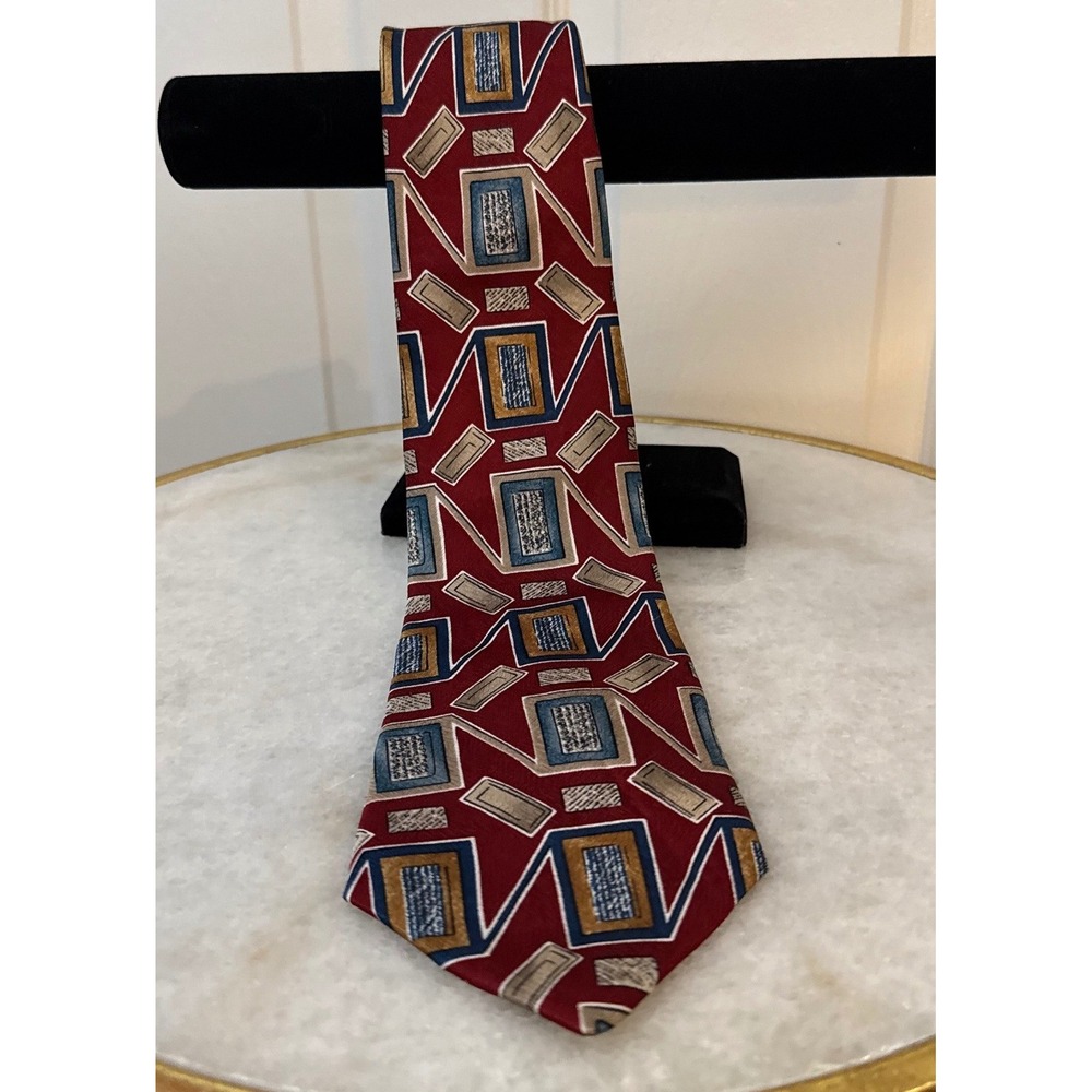 Monsieur Givenchy Silk Necktie Burgundy Red Blue Gold Geometric Abstract Vintage - Picture 2 of 6